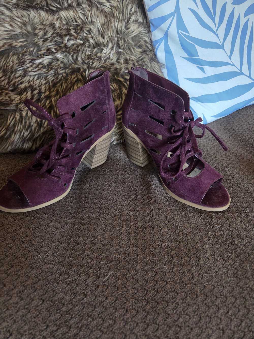 Soda Plum Suede Lace-Up Open-Toe Block Heel Sandals